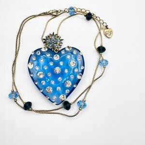 Betsy Johnson Blue Heart Pendant With Rhinestones Necklace